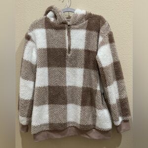 Cozy Plaid Women's Sweater - Brown and White Size Small